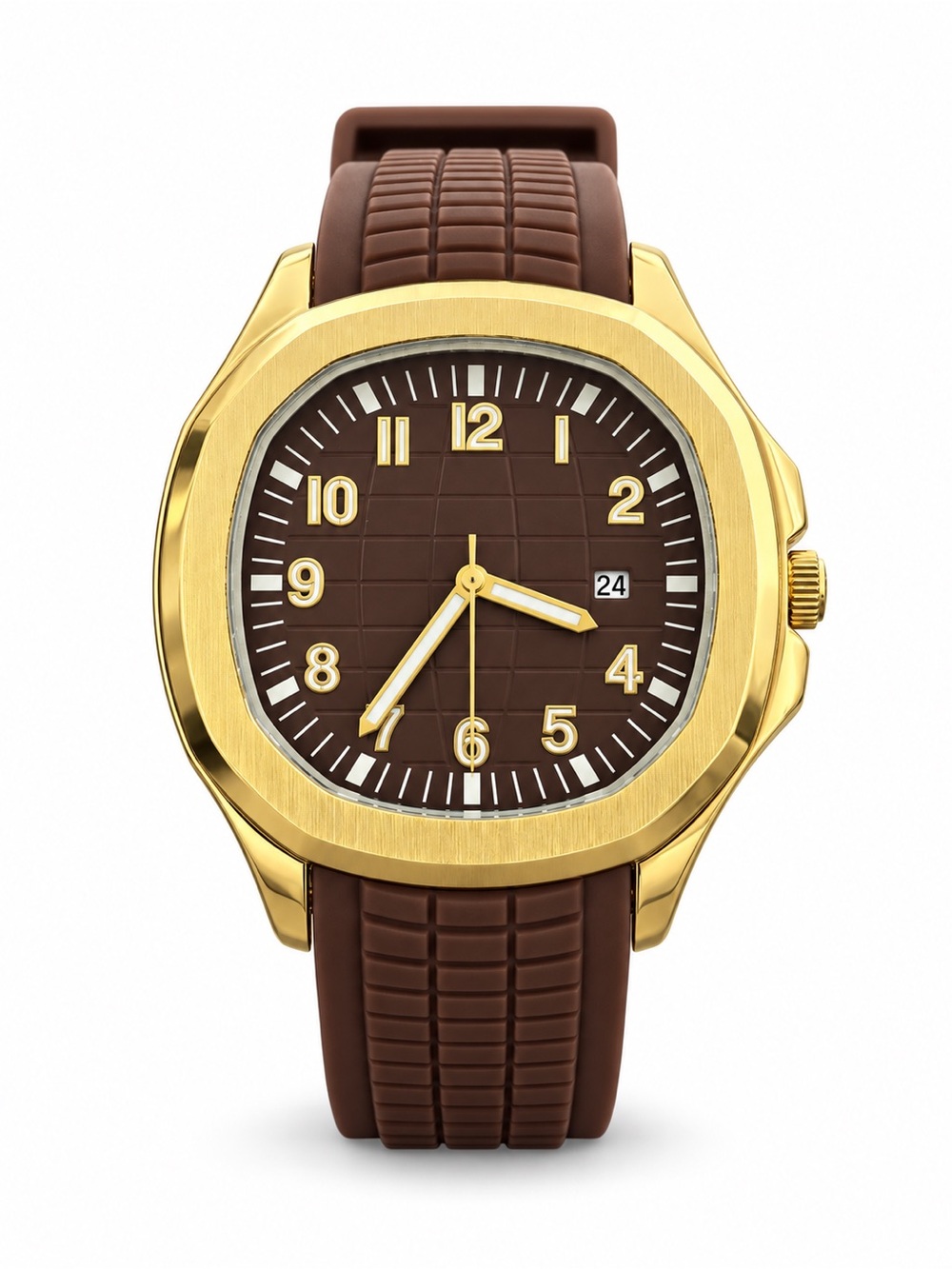 Men’s Gold Tone Brown Dial Analog Watch Date Textured Rubber Strap Cushion Case